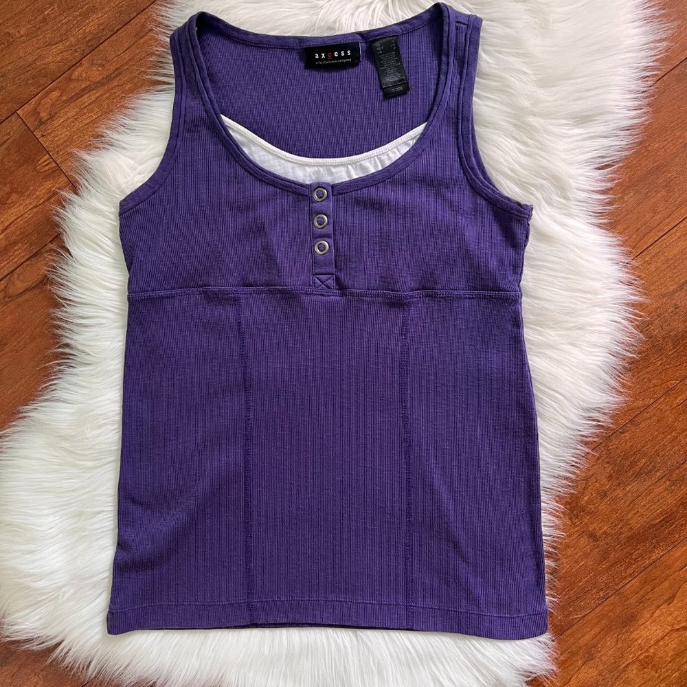 Axcess Purple & White Sleeveless Snap Front Scoop Knit Top-Size S